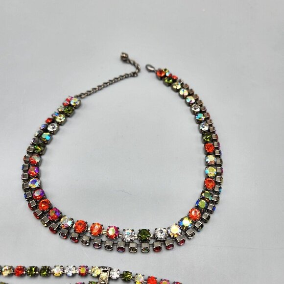 Rainbow Rhinestone Bracelet & Choker Aurora Borealis Silver Tone Brilliant Set - Picture 5 of 13